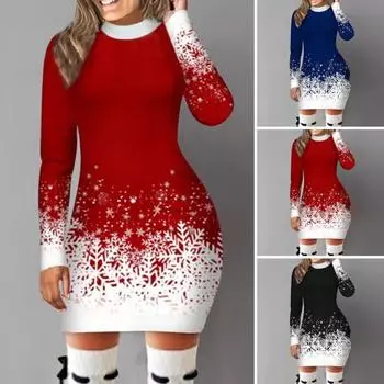 Женское осенне-зимнее платье с принтом снежинки, градиентное сочетание цветов, облегающее платье, плотное, теплое, с длинным рукавом, с круглым вырезом, женское новогоднее вечерние мини-платье M чёрный