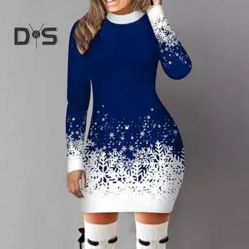 Женское осенне-зимнее платье с принтом снежинки, градиентное сочетание цветов, облегающее платье, плотное, теплое, с длинным рукавом, с круглым вырезом, женское новогоднее вечерние мини-платье M красный