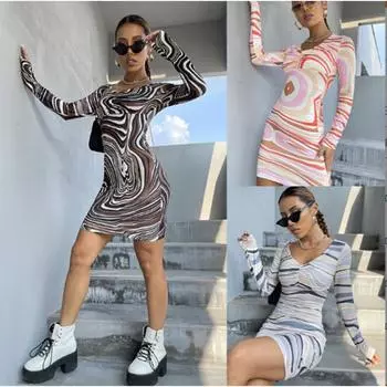 Женское осенне-зимнее платье с принтом V-образным вырезом, облегающее сексуальное платье S розовый