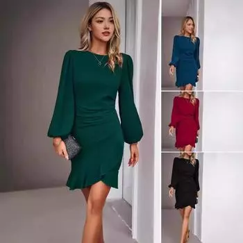 Женское осенне-зимнее платье с рукавами-фонариками, облегающее бедра, однотонное S чёрный