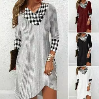 Женское осенне-зимнее платье с V-образным вырезом и клетчатым принтом, подходящее по цвету, свободное, с длинным рукавом, в лоскутном стиле, в полоску, мягкое теплое женское мини-платье длиной выше колена M вино красного
