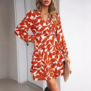 Женское осенне-зимнее платье с V-образным вырезом и рукавами-фонариками и оборками, короткое платье с принтом S чёрный