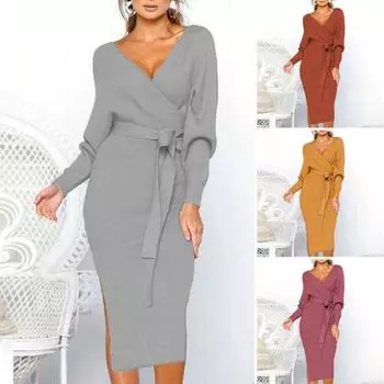 Женское осенне-зимнее платье с V-образным вырезом на шнуровке и поясом с узкой талией, однотонное вязаное эластичное платье до середины икры с длинным рукавом, облегающее женское повседневное платье XL