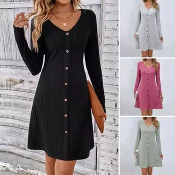 Женское осенне-зимнее платье с V-образным вырезом и полосатыми пуговицами, однобортное трапециевидное платье с большим подолом и длинным рукавом, узкая талия, однотонное вязаное мини-платье L серый