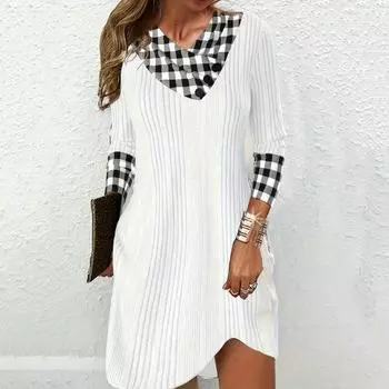 Женское осенне-зимнее платье с V-образным вырезом и клетчатым принтом, подходящее по цвету, свободное, с длинным рукавом, в лоскутном стиле, в полоску, мягкое теплое женское мини-платье длиной выше колена S серый