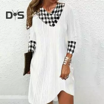 Женское осенне-зимнее платье с V-образным вырезом и клетчатым принтом, подходящее по цвету, свободное, с длинным рукавом, в лоскутном стиле, в полоску, мягкое теплое женское мини-платье длиной выше колена S серый