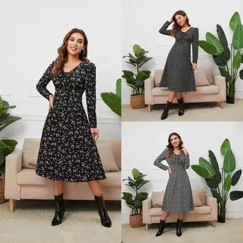Женское осенне-зимнее платье с v-образным вырезом и цветочным принтом, темпераментное повседневное платье с длинными рукавами и застежкой на талии, повседневное праздничное платье S