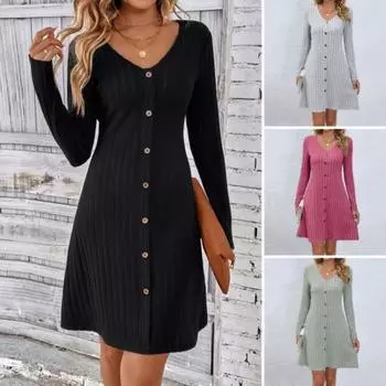 Женское осенне-зимнее платье с V-образным вырезом и полосатыми пуговицами, однобортное трапециевидное платье с большим подолом и длинным рукавом, узкая талия, однотонное вязаное мини-платье M розы красного