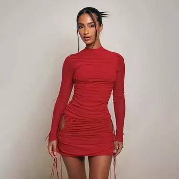 Женское осенне-зимнее платье Spice Girl Style с высоким воротом, длинными рукавами, завязками, плиссированными, сексуальными, облегающими, с запахом, на бедрах S чёрный