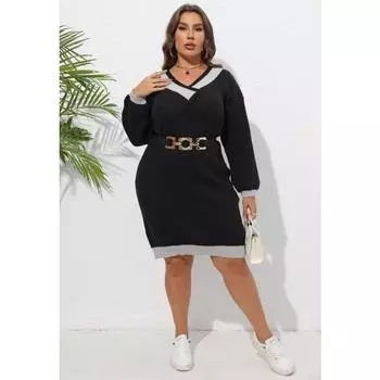 Женское осенне-зимнее платье-свитер большого размера с V-образным вырезом, разноцветное сращивание, с запахом на бедрах XL чёрный