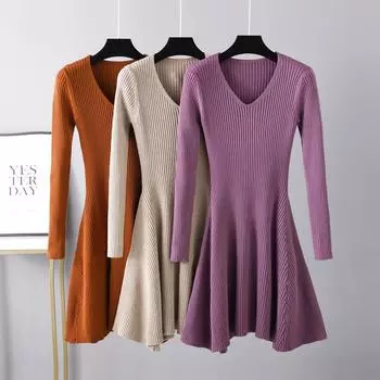 Женское осенне-зимнее платье-свитер с V-образным вырезом, сплошной цвет, с длинным рукавом, шикарное трапециевидное платье OneSize чёрный