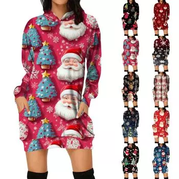 Женское осенне-зимнее платье-толстовка с капюшоном и принтом S