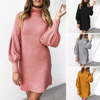 Женское осенне-зимнее платье трикотажное однотонное с высоким воротником и защитой шеи с длинным рукавом-фонариком свободное эластичное толстое теплое платье-свитер из ниток XL жёлтый