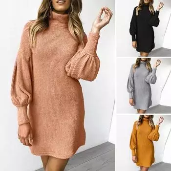 Женское осенне-зимнее платье трикотажное однотонное с высоким воротником и защитой шеи с длинным рукавом-фонариком свободное эластичное толстое теплое платье-свитер из ниток XL жёлтый
