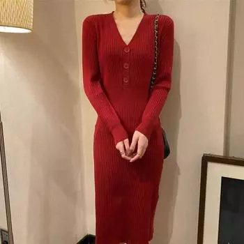 Женское осенне-зимнее платье трикотажное плотное сплошное цветное высокоэластичное платье с V-образным вырезом и длинными рукавами, мягкое платье до середины икры с плотной талией, женское платье-миди