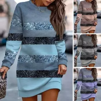 Женское осенне-зимнее платье в полоску с цветными блоками и блестящими пайетками, свободное с круглым вырезом и длинными рукавами длиной выше колена, мягкое лоскутное мини-платье M хаки