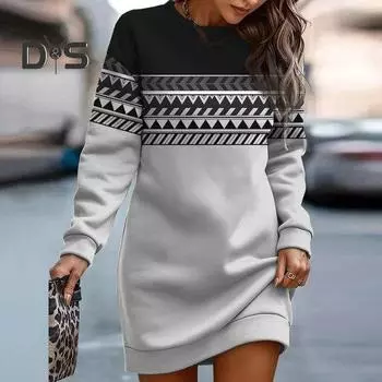 Женское осенне-зимнее платье в стиле ретро, лоскутное мини-платье с длинными рукавами и круглым вырезом, толстый теплый пуловер с геометрическим принтом M хаки