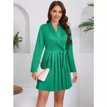 Женское осенне-зимнее плиссированное профессиональное платье с лацканами и длинными рукавами S зелёный