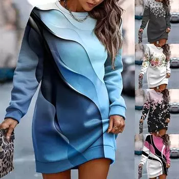 Женское осенне-зимнее повседневное длинное платье-рубашка с цветочным принтом, круглым вырезом, длинным рукавом, свободным свитером, плотным теплым мини-платьем средней длины с эластичными манжетами XXXL белый