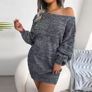 Женское осенне-зимнее повседневное красочное вязаное платье-свитер с открытыми плечами S чёрный