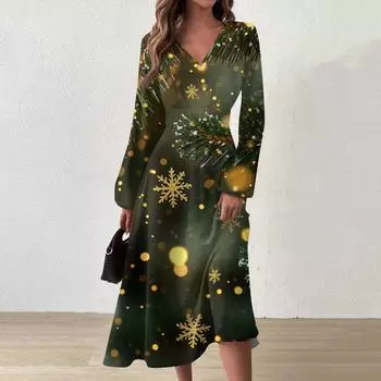 Женское осенне-зимнее повседневное модное длинное платье с v-образным вырезом и длинным рукавом с принтом L