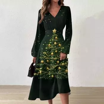 Женское осенне-зимнее повседневное модное длинное платье с v-образным вырезом и длинным рукавом с принтом L