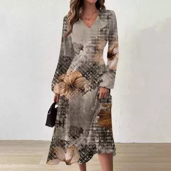 Женское осенне-зимнее повседневное модное длинное платье с v-образным вырезом и длинным рукавом с принтом XL