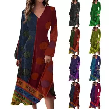 Женское осенне-зимнее повседневное модное длинное платье с v-образным вырезом и длинным рукавом с принтом L синий