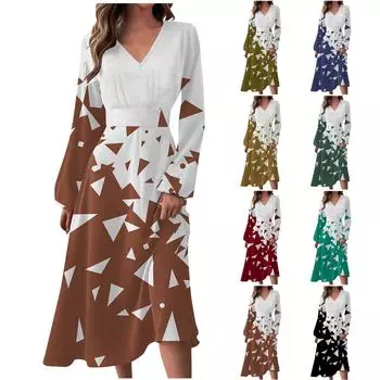 Женское осенне-зимнее повседневное модное длинное платье с v-образным вырезом и длинным рукавом с геометрическим принтом L