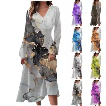 Женское осенне-зимнее повседневное модное длинное платье с v-образным вырезом и длинным рукавом с текстурированным принтом L синий