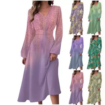 Женское осенне-зимнее повседневное модное длинное платье с v-образным вырезом и длинным рукавом с цветочным принтом L бежевый