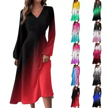 Женское осенне-зимнее повседневное модное длинное платье с v-образным вырезом и длинным рукавом с принтом L синий