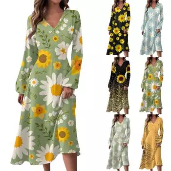 Женское осенне-зимнее повседневное модное длинное платье с v-образным вырезом и длинным рукавом с принтом L