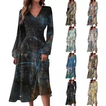 Женское осенне-зимнее повседневное модное длинное платье с v-образным вырезом и длинным рукавом с принтом L чёрный