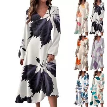 Женское осенне-зимнее повседневное модное длинное платье с v-образным вырезом и длинным рукавом с принтом дефолиации M циан