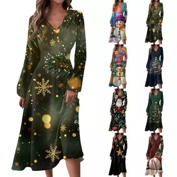 Женское осенне-зимнее повседневное модное длинное платье с v-образным вырезом и длинным рукавом с принтом L армия зеленый