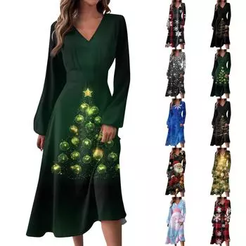 Женское осенне-зимнее повседневное модное длинное платье с v-образным вырезом и длинным рукавом с принтом L