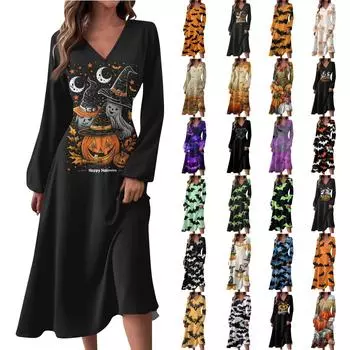 Женское осенне-зимнее повседневное модное длинное платье с v-образным вырезом и длинным рукавом с принтом XXL