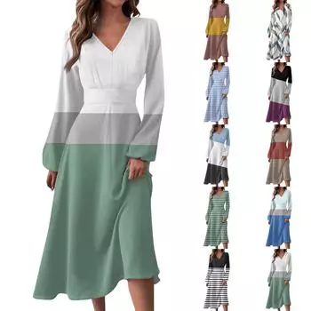 Женское осенне-зимнее повседневное модное длинное платье с v-образным вырезом и длинным рукавом с принтом L чёрный