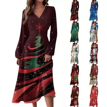 Женское осенне-зимнее повседневное модное длинное платье с v-образным вырезом и длинным рукавом с принтом M