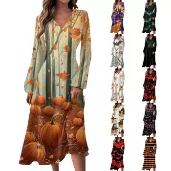 Женское осенне-зимнее повседневное модное длинное платье с v-образным вырезом и длинным рукавом с принтом L армия зеленый