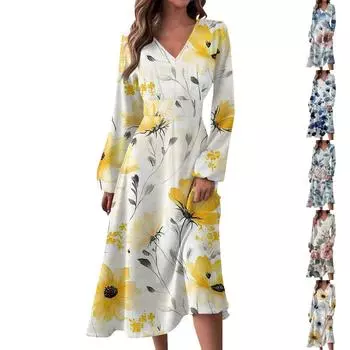 Женское осенне-зимнее повседневное модное длинное платье с V-образным вырезом и длинными рукавами в полоску, подходящее для повседневной жизни и вечеринок L синий