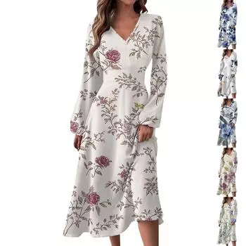 Женское осенне-зимнее повседневное модное длинное платье с V-образным вырезом и длинными рукавами в полоску, подходящее для повседневной жизни и вечеринок L синий