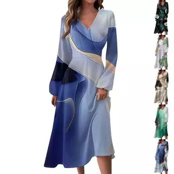 Женское осенне-зимнее повседневное модное длинное платье с V-образным вырезом и длинными рукавами в полоску, подходящее для повседневной жизни и вечеринок S золотой