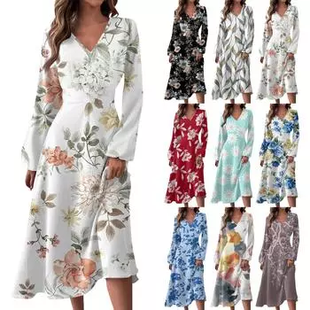 Женское осенне-зимнее повседневное модное длинное платье с v-образным вырезом и длинным рукавом с принтом L синий