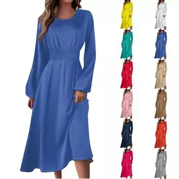 Женское осенне-зимнее повседневное модное круглое платье с длинным рукавом и однотонным длинным платьем L синий