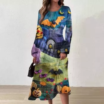 Женское осенне-зимнее повседневное модное платье с круглым вырезом и длинным рукавом с принтом L армия зеленый