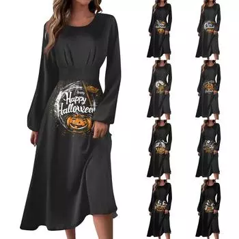 Женское осенне-зимнее повседневное модное платье с круглым вырезом и длинным рукавом с принтом M бежевый