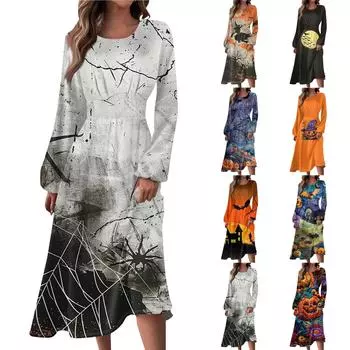 Женское осенне-зимнее повседневное модное платье с круглым вырезом и длинным рукавом с принтом L серый