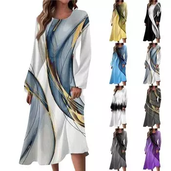 Женское осенне-зимнее повседневное модное платье с круглым вырезом и длинным рукавом с принтом L чёрный